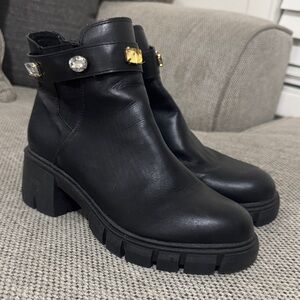 Black Leather Ankle Boots with Gem Accents